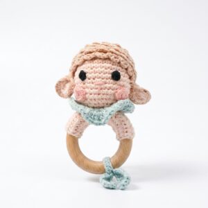 Handmade Crochet Sheep Rattle | Wooden Teething Ring Baby Toy for Newborns